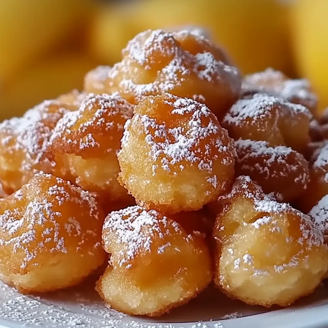 A plate of powdered donuts with a sprinkle of sugar on top.