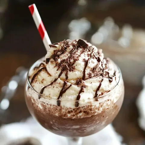 A glass of chocolate milk with a red straw.