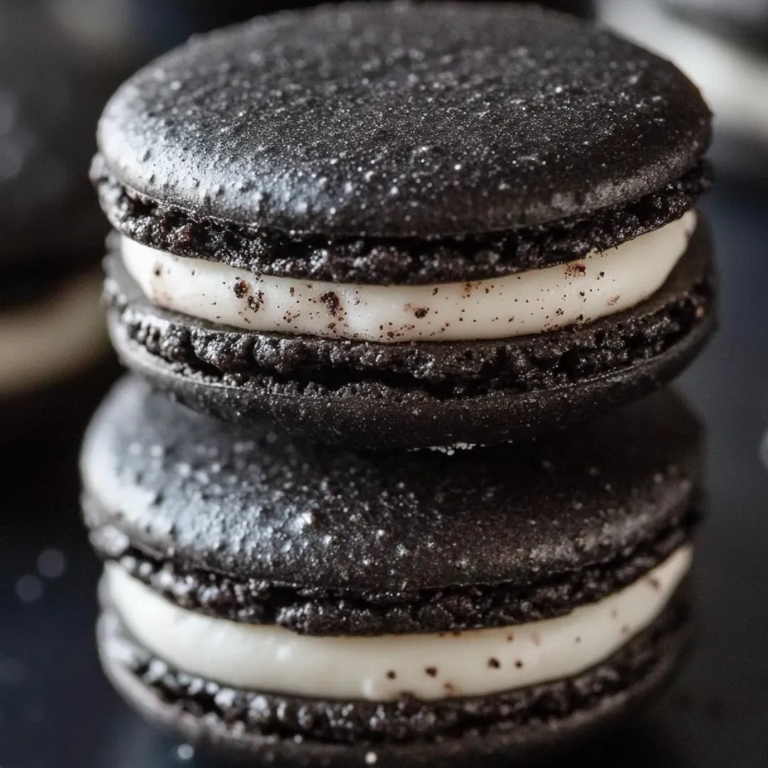 A stack of chocolate and white frosted cookies.