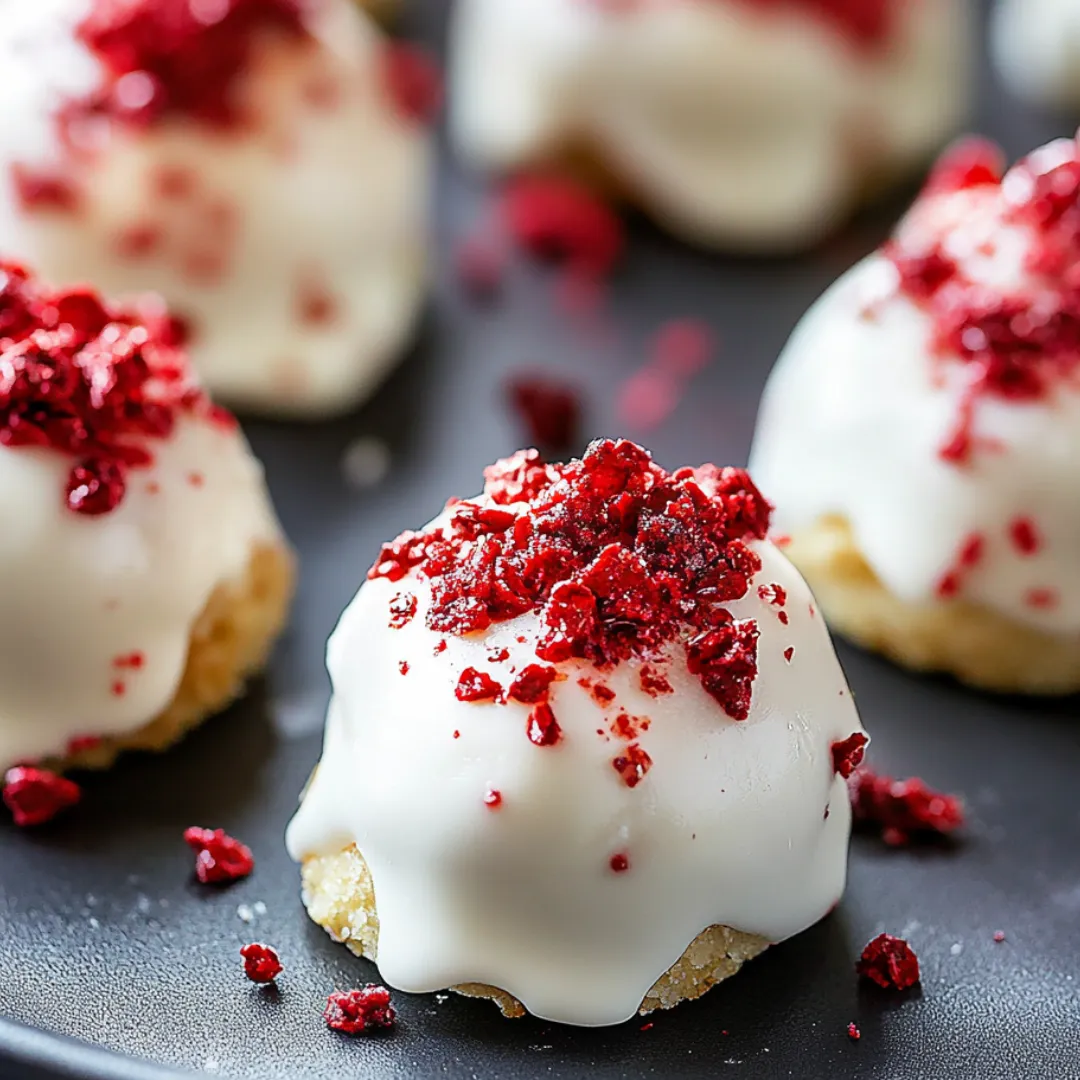 A plate of white and red cake balls.