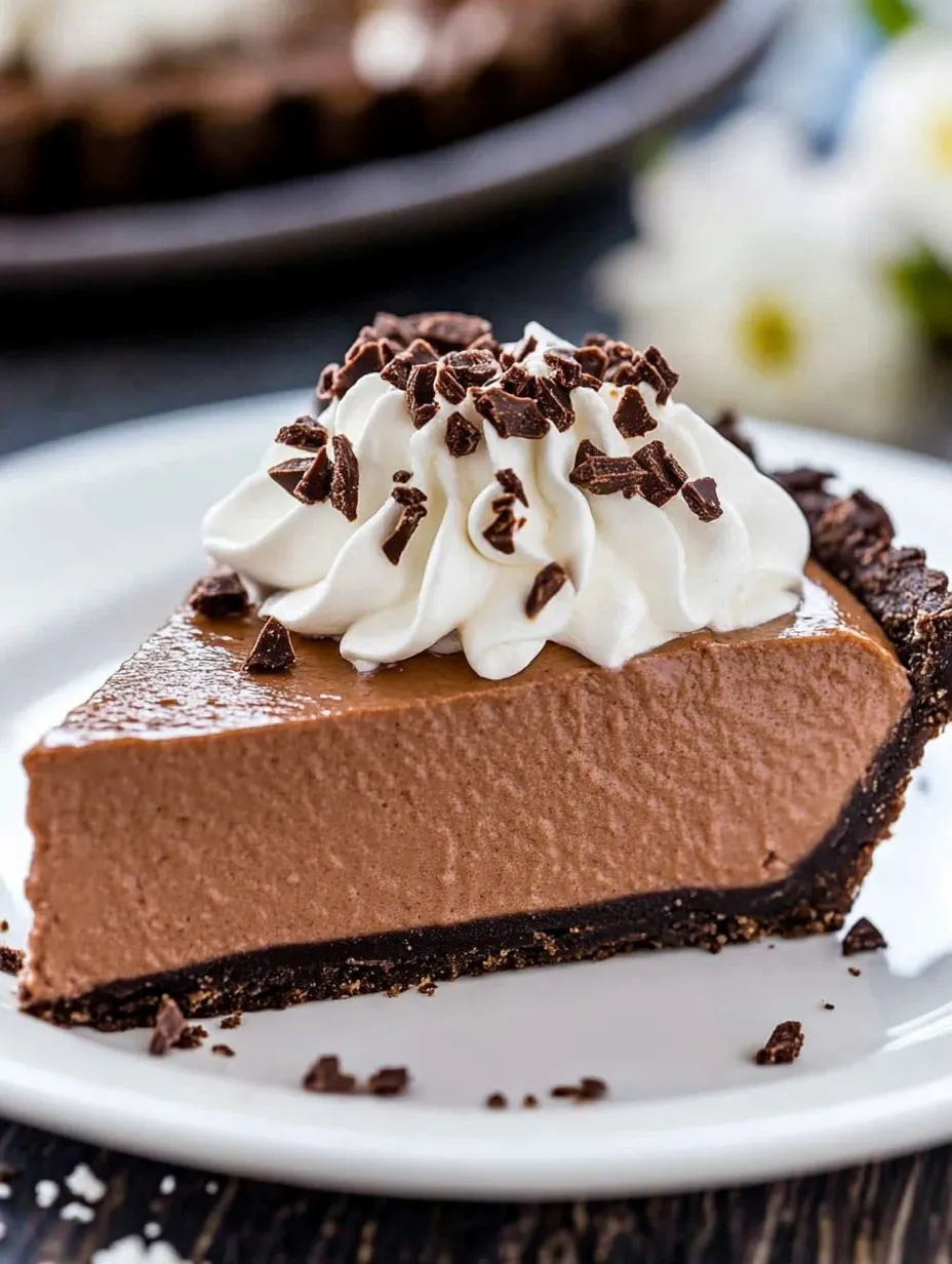 A slice of chocolate pie with whipped cream on top.