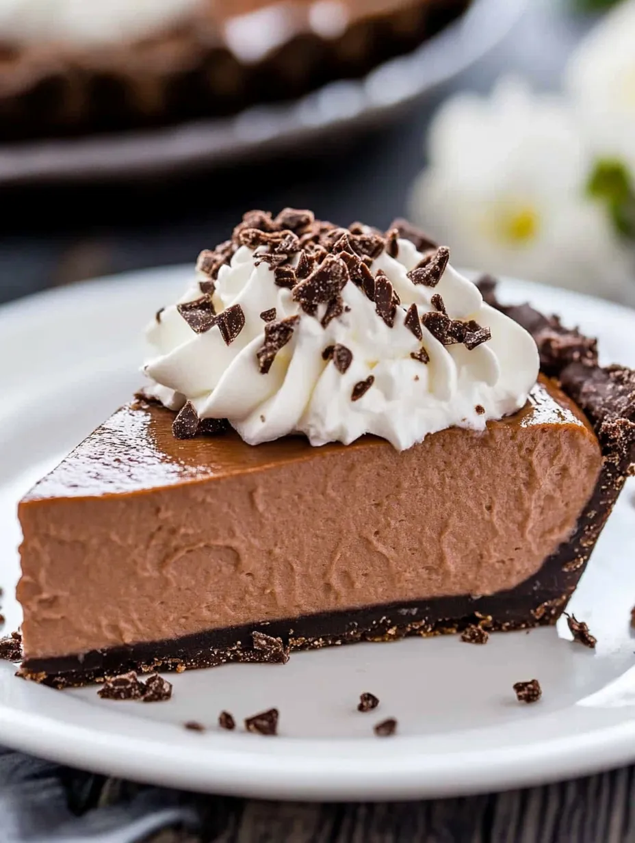 A slice of chocolate pie with whipped cream on top.