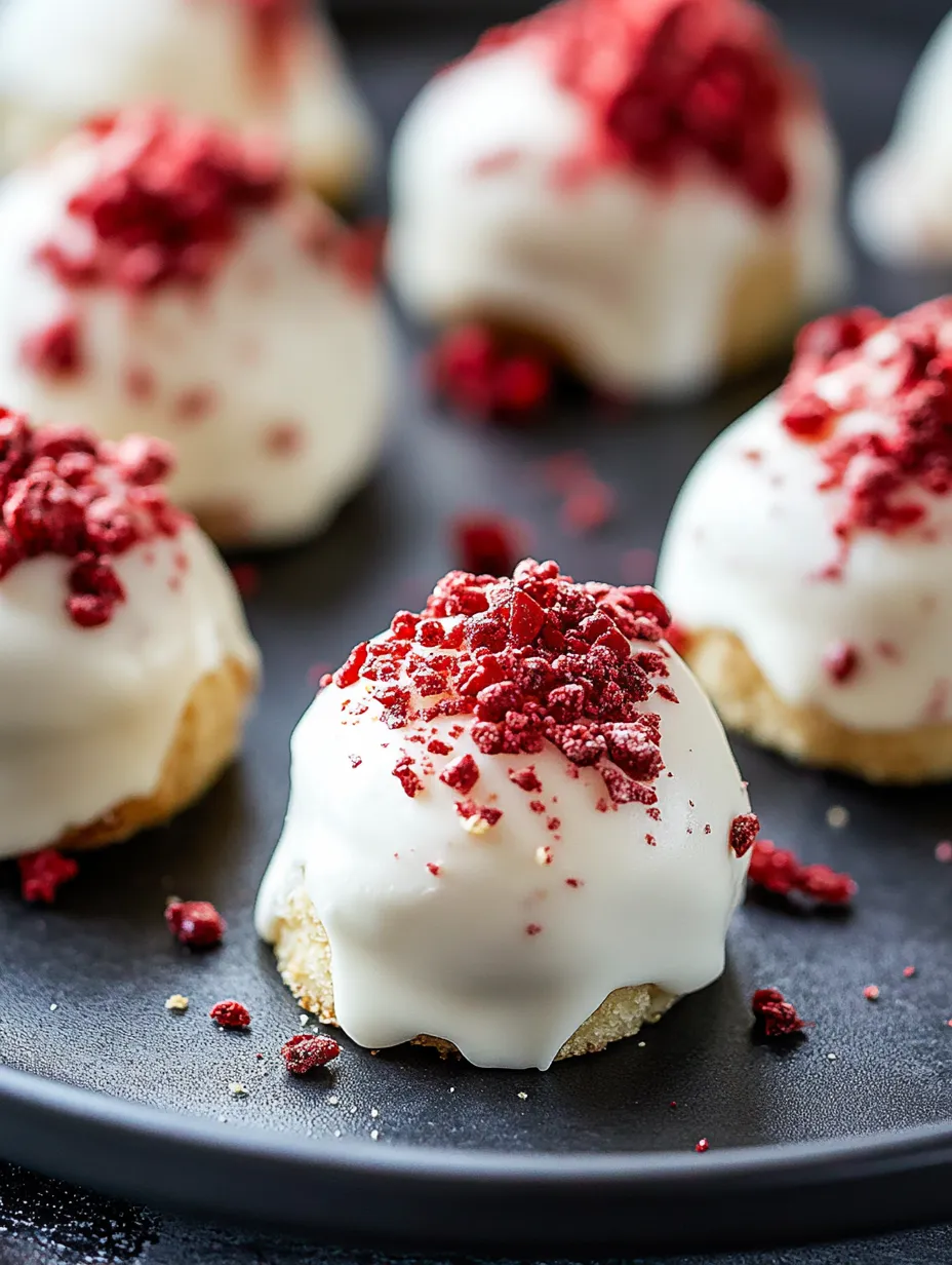 A plate of white and red cookies with red sprinkles on top.