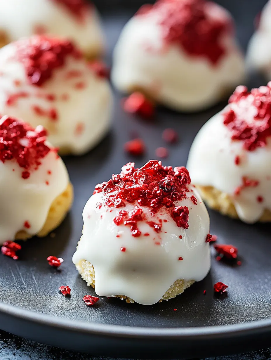 A plate with a bunch of white and red cakes.