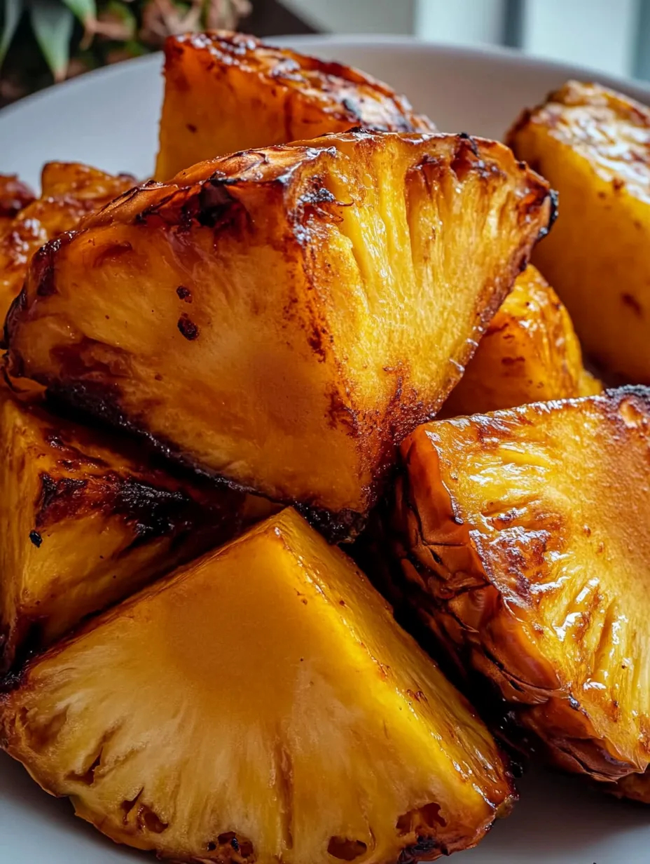 A pile of grilled pineapple slices on a plate.