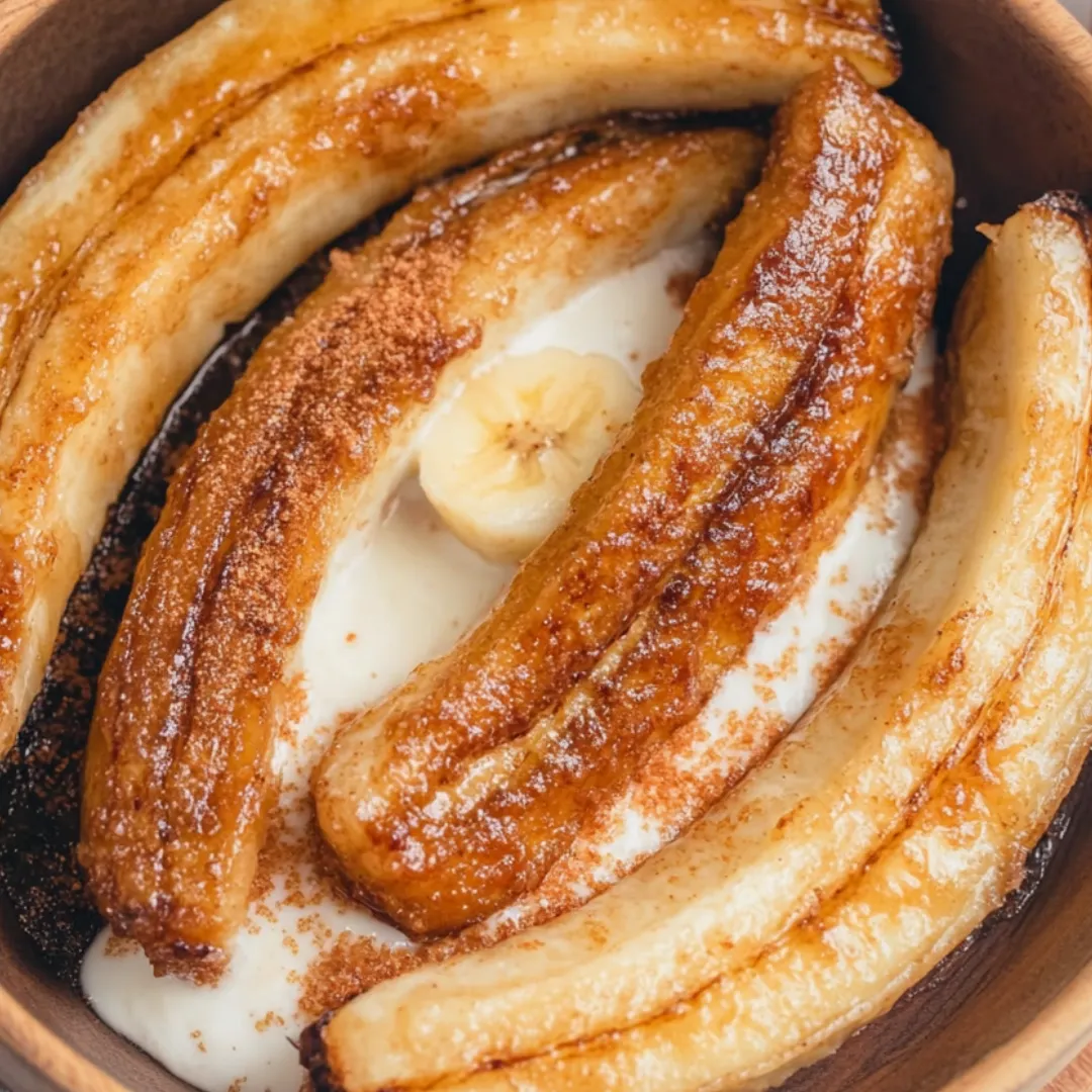 A bowl of bananas with cream on top.