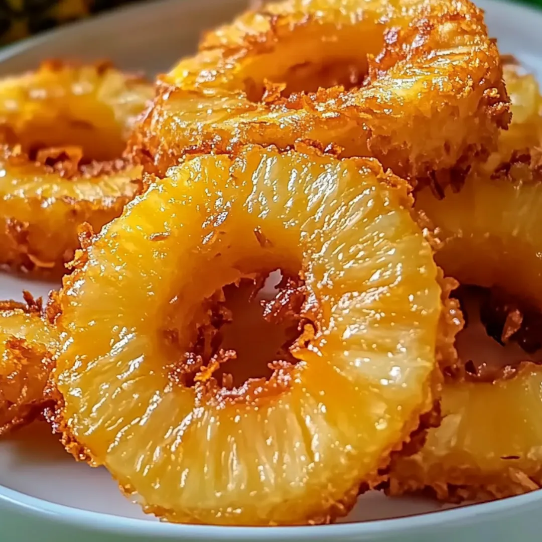 A plate of pineapple rings with a white plate.