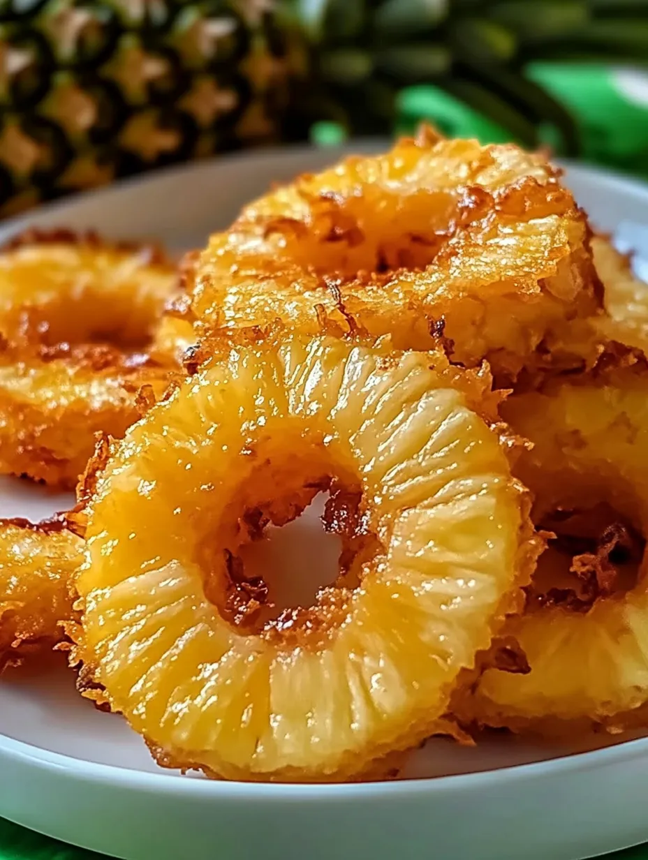 A plate of pineapple rings on a table.