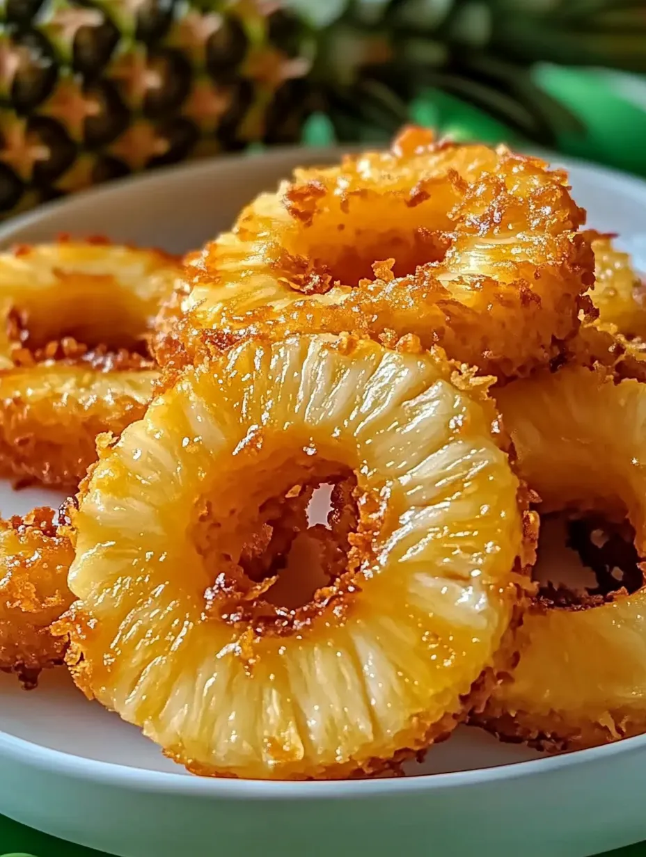 A plate of pineapple rings with a pineapple in the background.