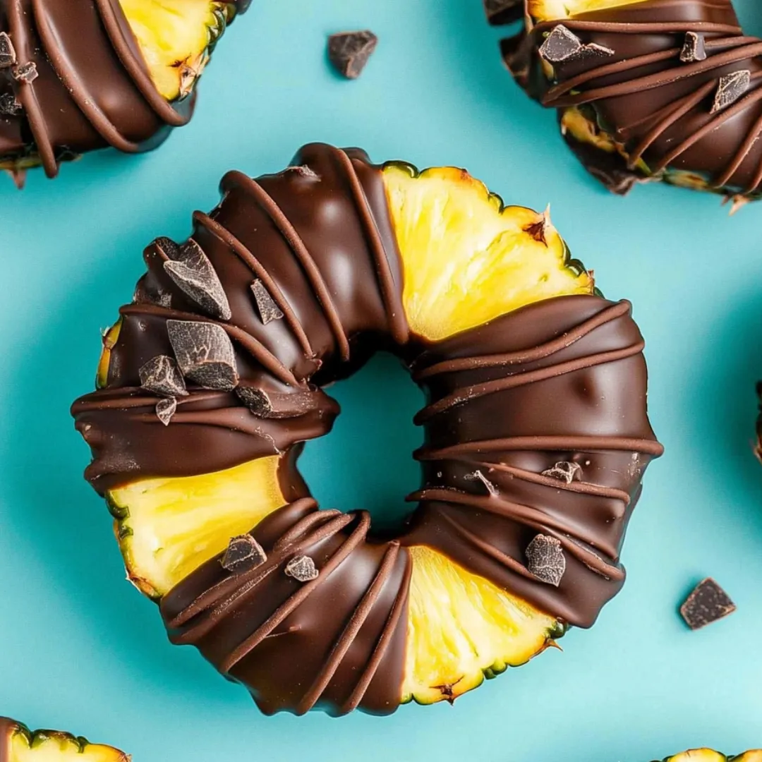 A chocolate covered pineapple donut with chocolate chips on top.