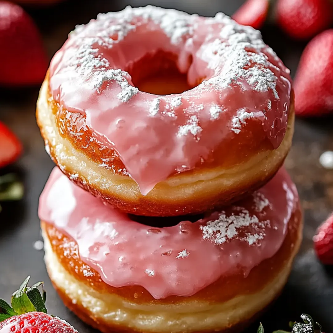 Two pink frosted donuts with white powdered sugar on top, stacked on a table with strawberries in the background.