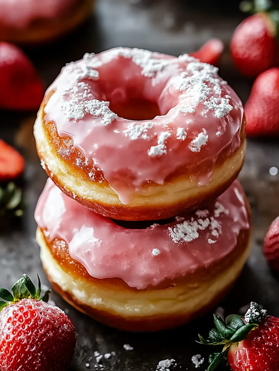 Two pink frosted donuts with powdered sugar on top, sitting on a table with strawberries in the background.