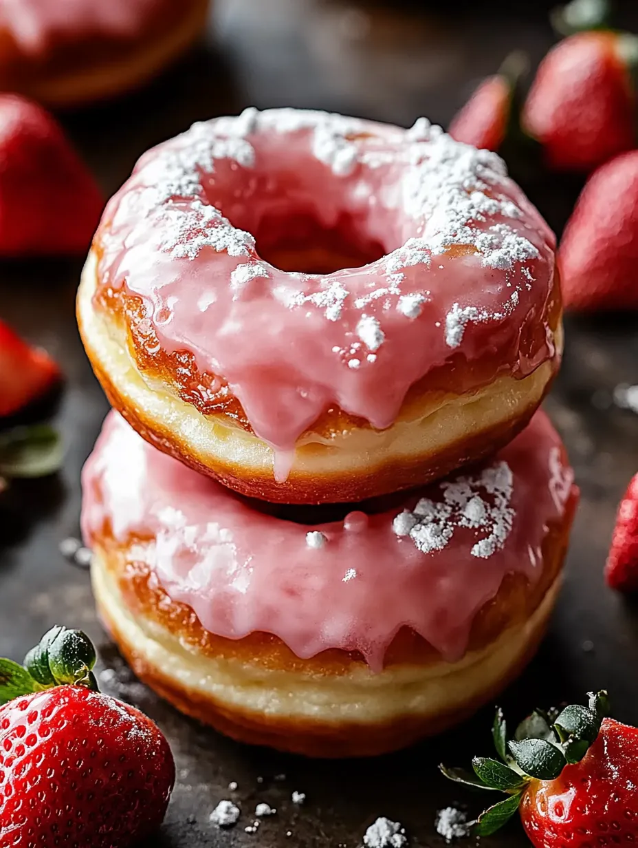 Two pink frosted donuts with white powdered sugar on top, sitting on a table with strawberries.