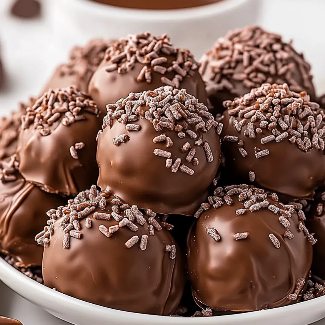 A bowl of chocolate balls with sprinkles on top.