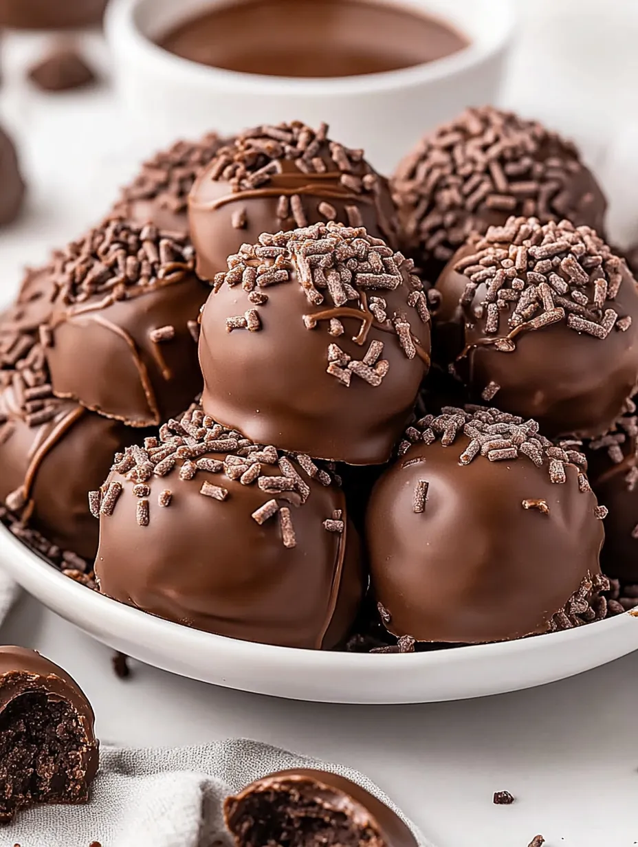 A plate full of chocolate balls with sprinkles on top.