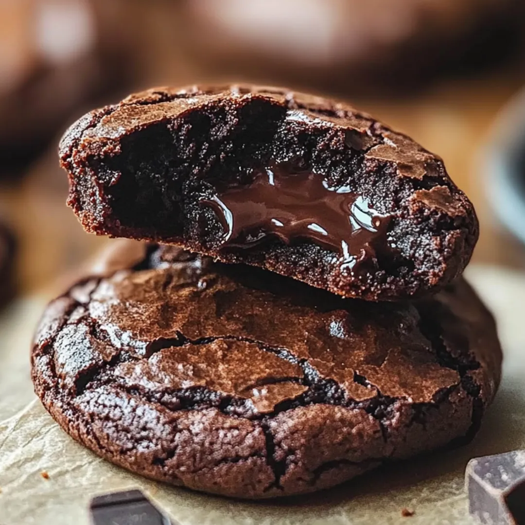 Two chocolate cookies with chocolate drizzle on a table.