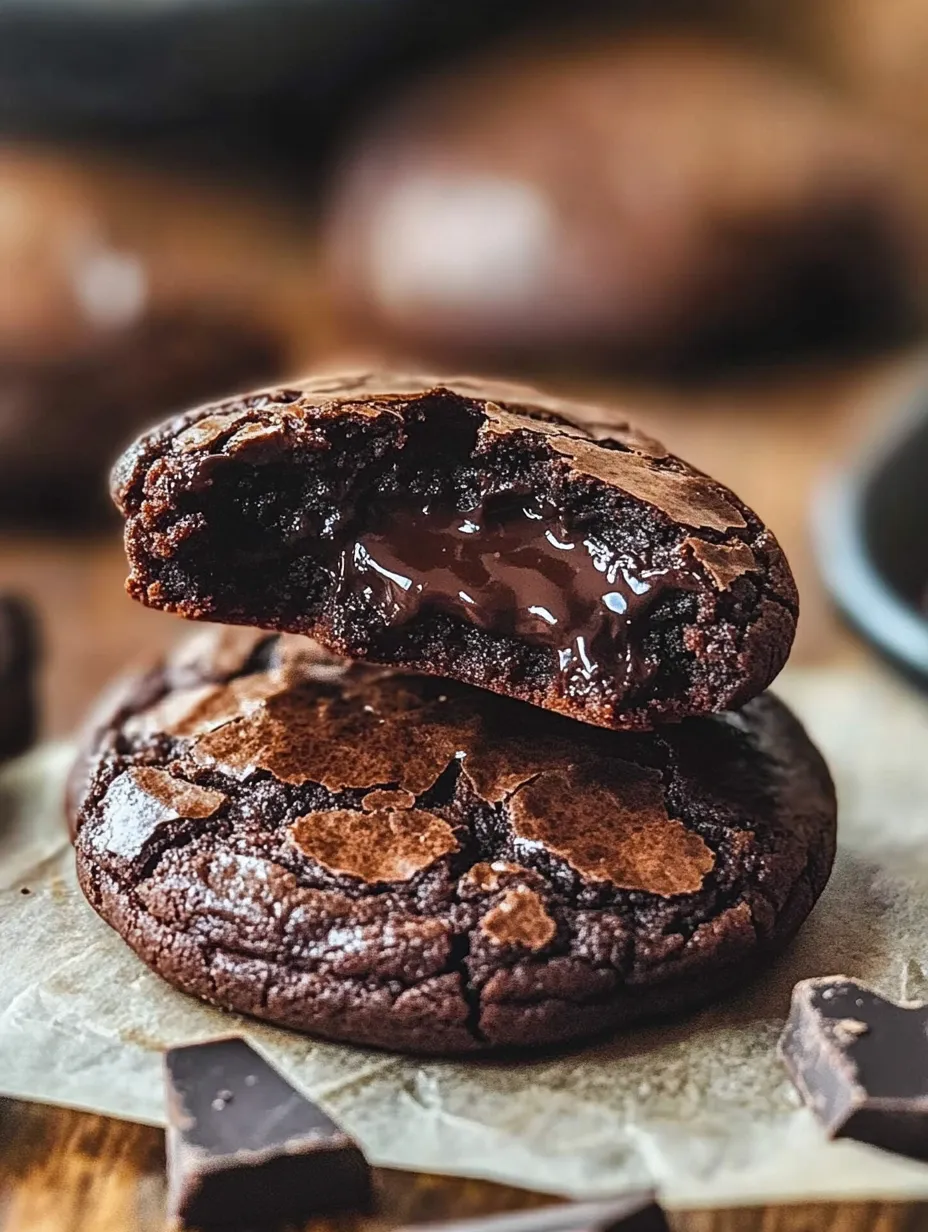 Two chocolate cookies with chocolate drizzle on a white surface.