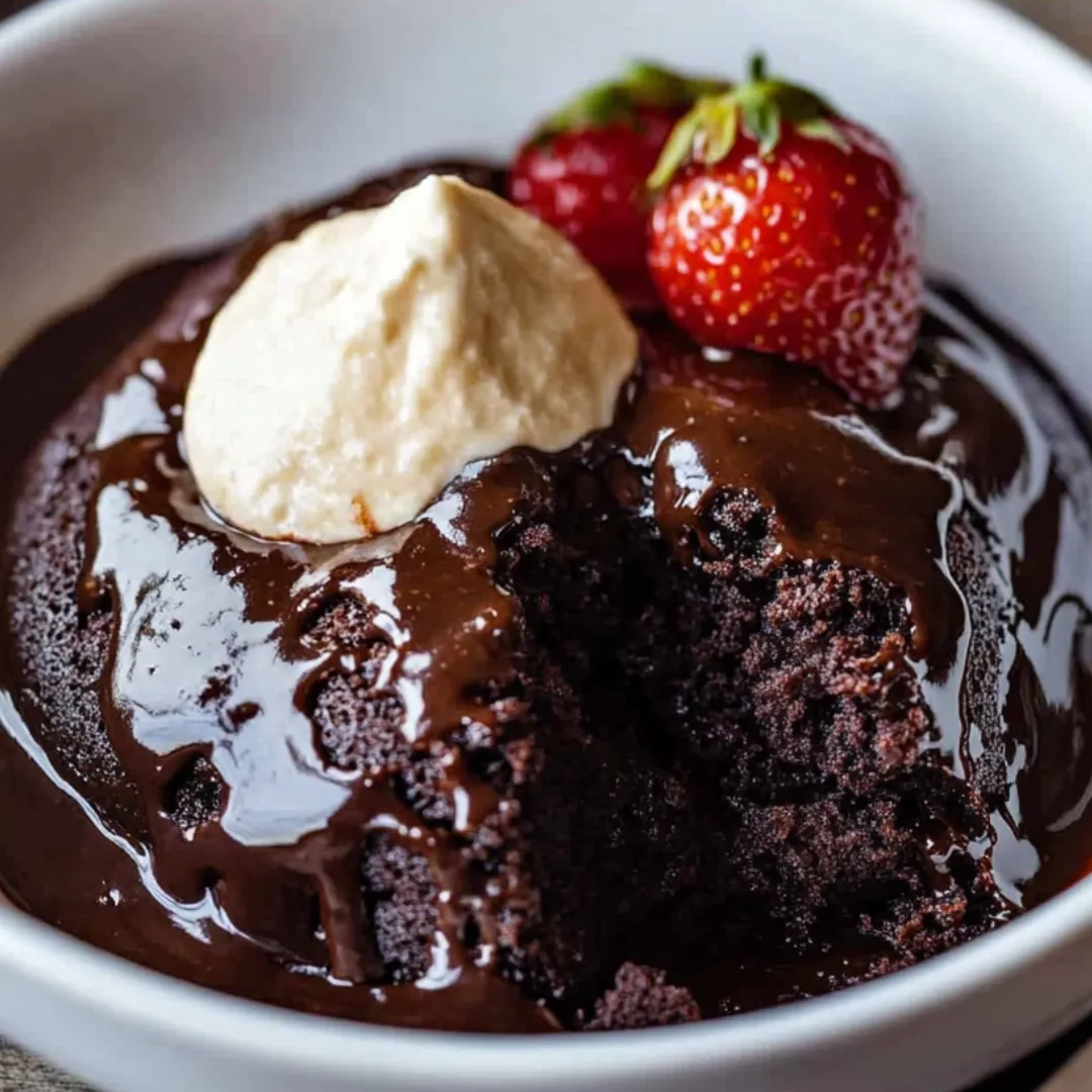 A bowl of chocolate cake with whipped cream and strawberries on top.