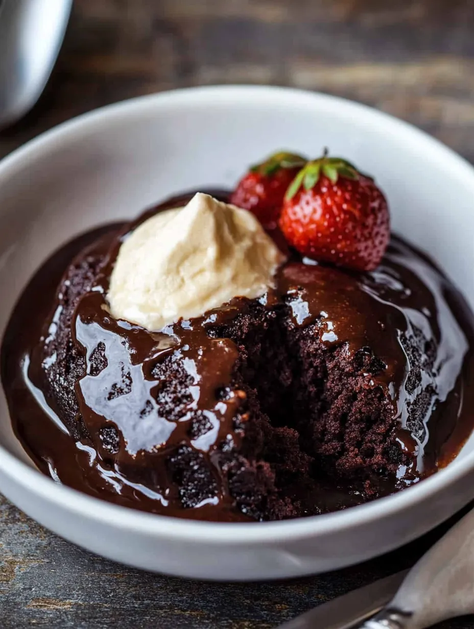 A bowl of chocolate cake with whipped cream and strawberries on top.