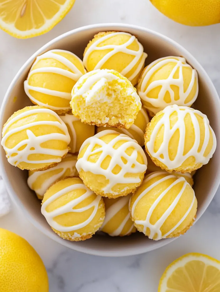 A bowl of yellow cake balls with white icing.