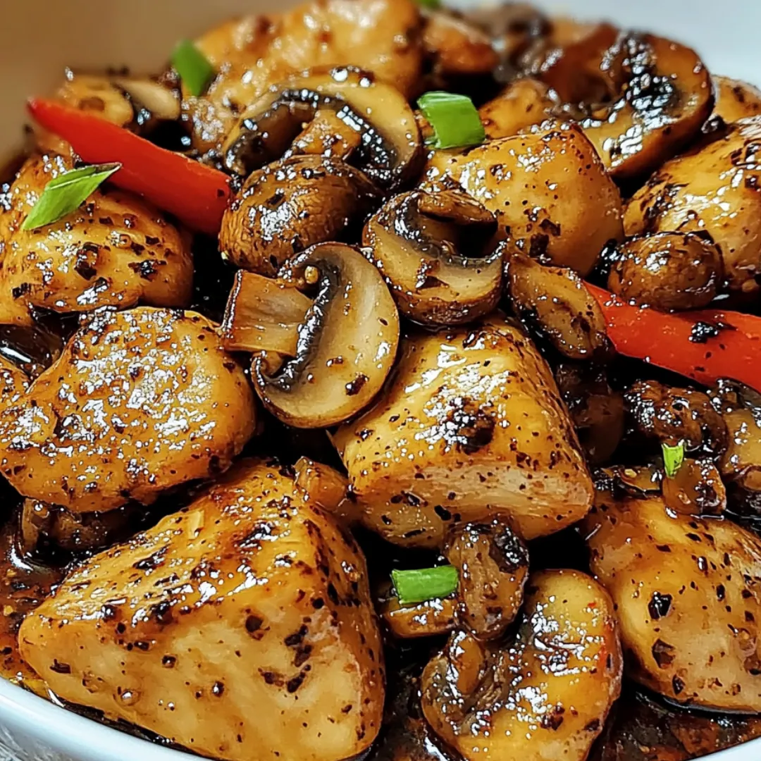 A bowl of food with mushrooms and meat.