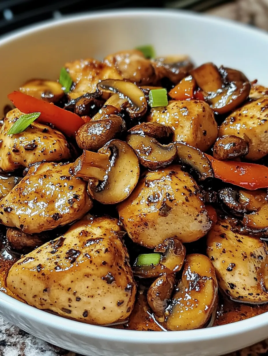 A plate of food with mushrooms and peppers on it.