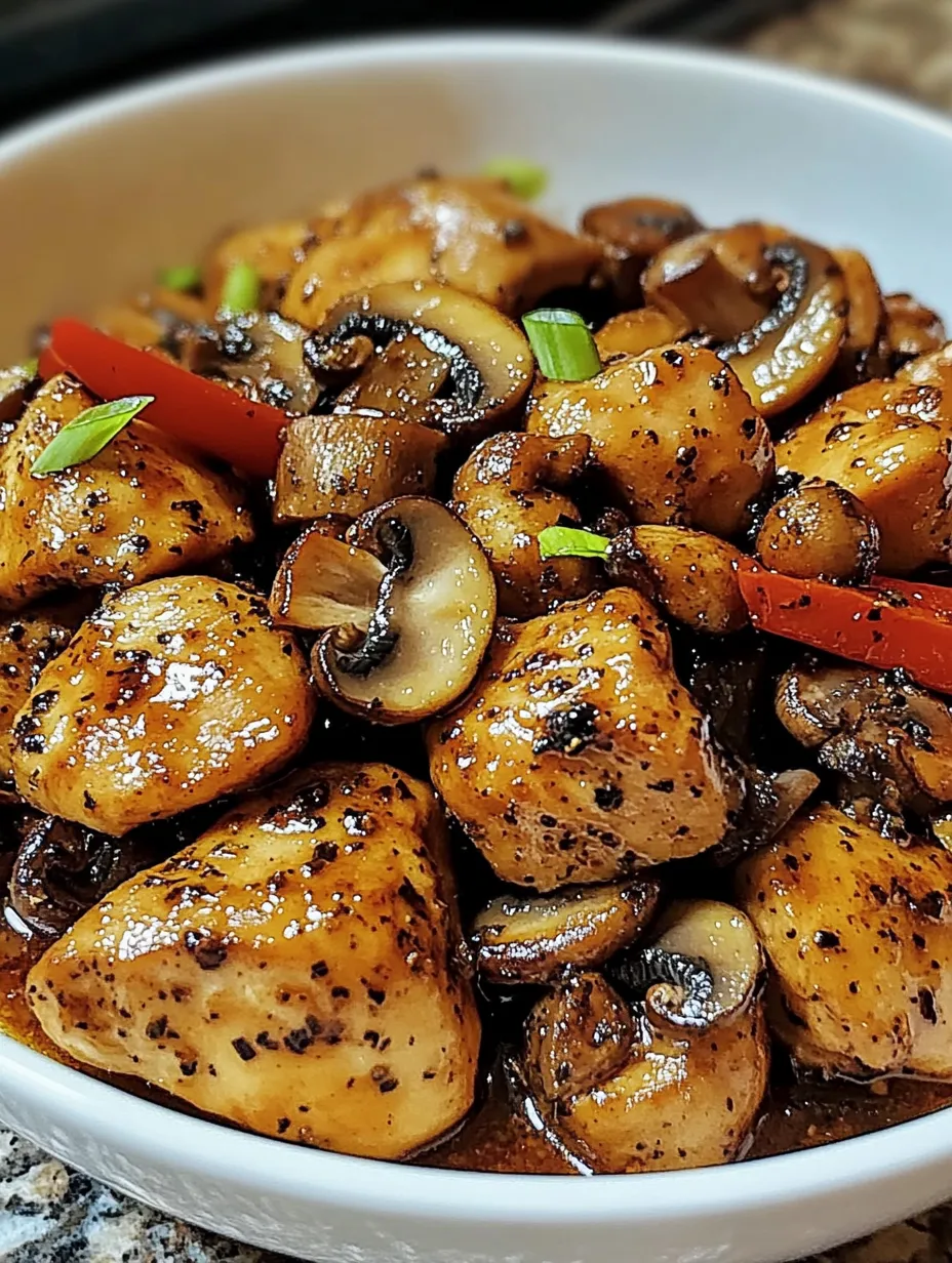 A plate of food with mushrooms and peppers.