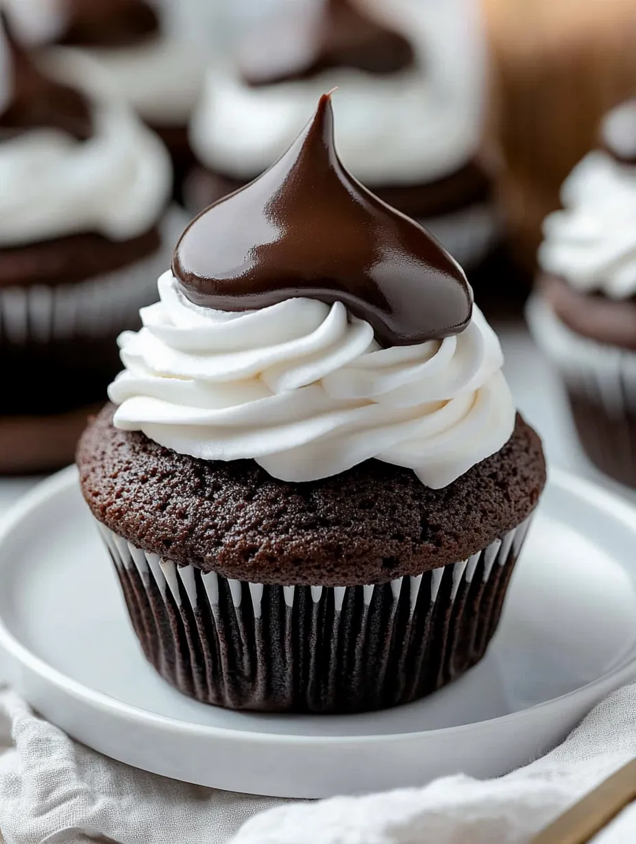 A cupcake with a chocolate topping and whipped cream.