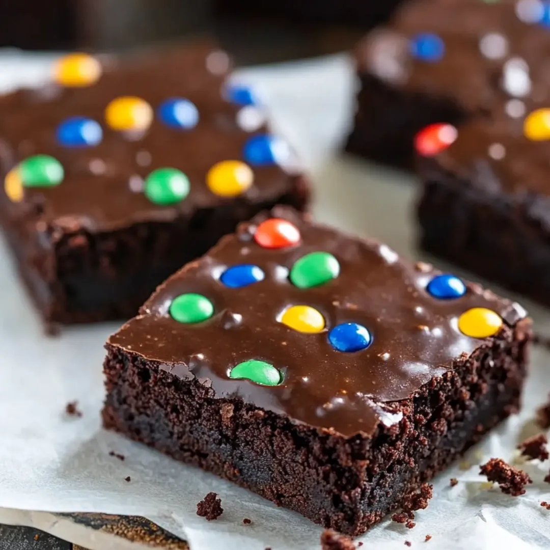 A chocolate cake with chocolate frosting and M&M's on top.