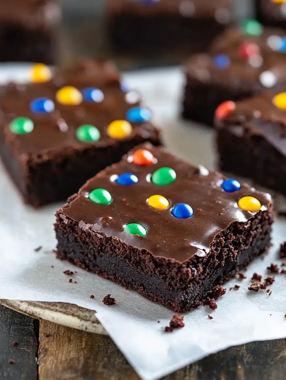 A chocolate brownie with chocolate chips and M&M's on top.