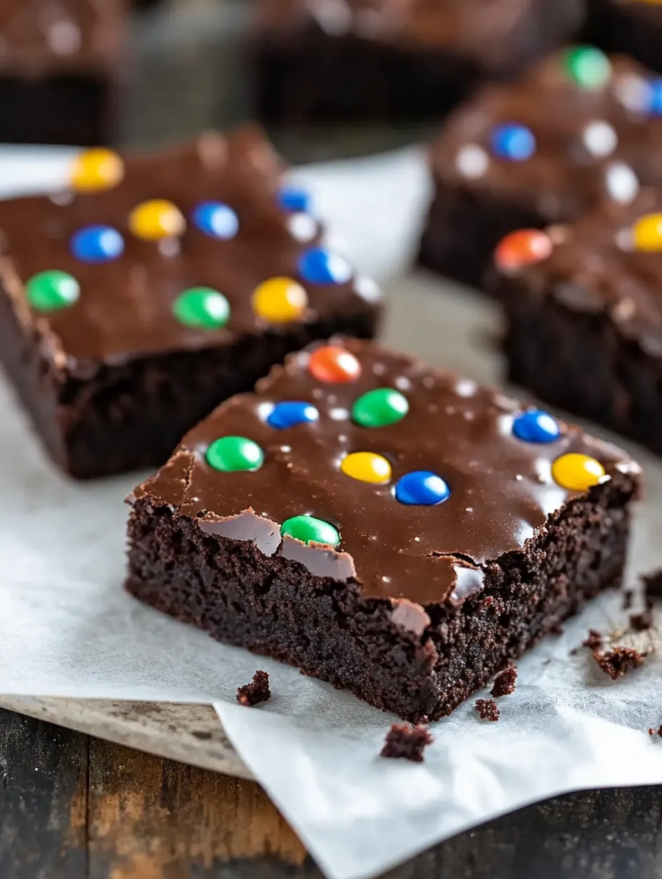 A chocolate brownie with chocolate chips and yellow and green M&M's.