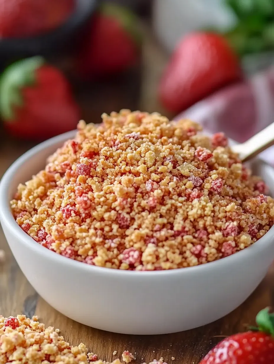 A bowl of red rice with strawberries in the background.