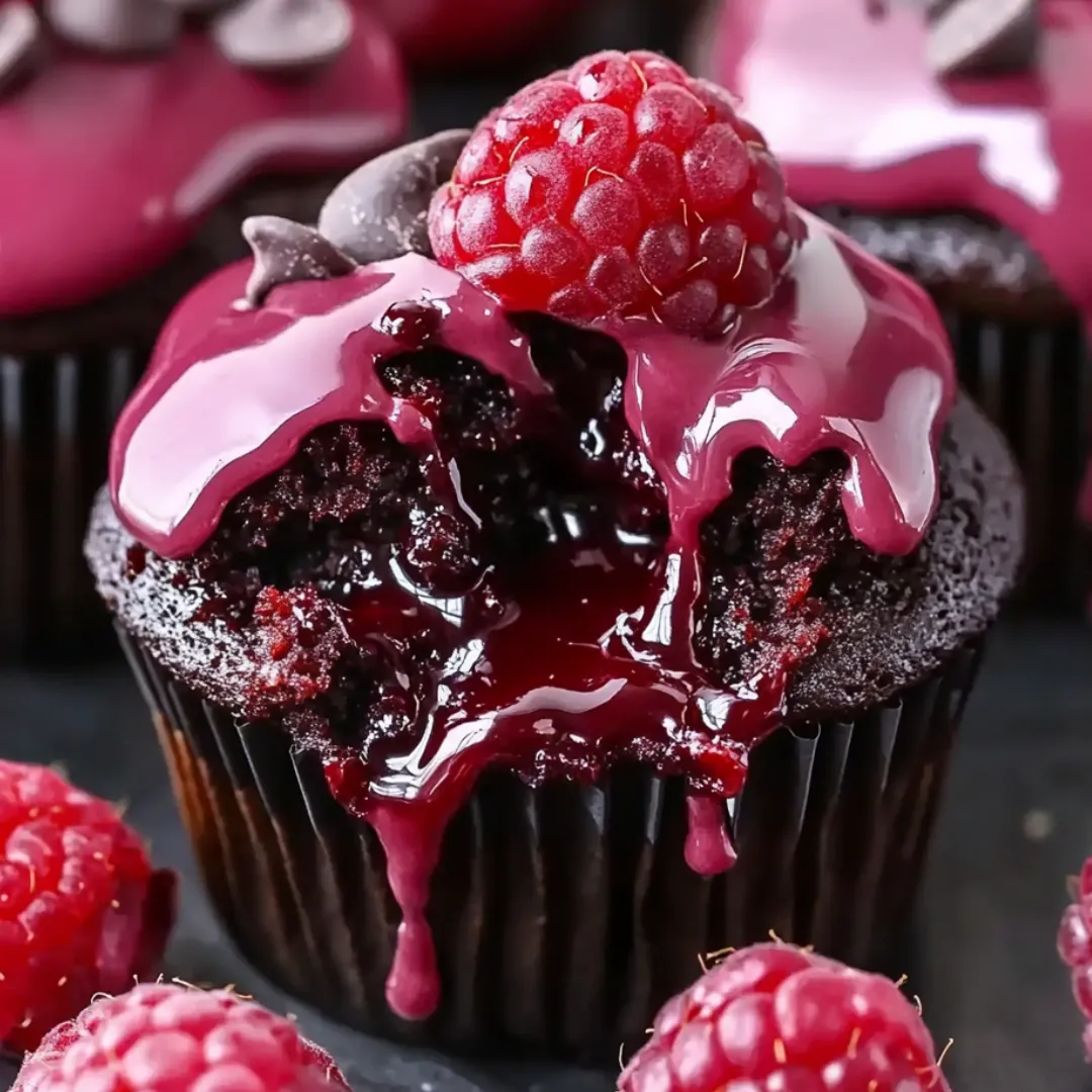 A chocolate cupcake with a raspberry on top.