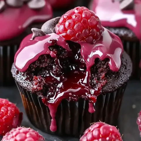 A chocolate cupcake with a raspberry on top.
