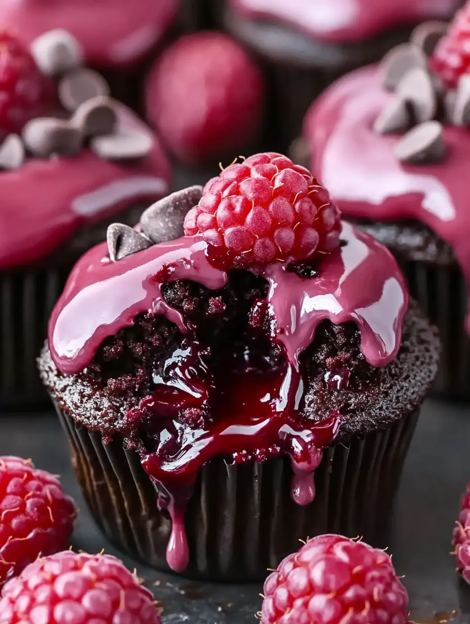 A chocolate cupcake with a raspberry on top and a drizzle of chocolate sauce.