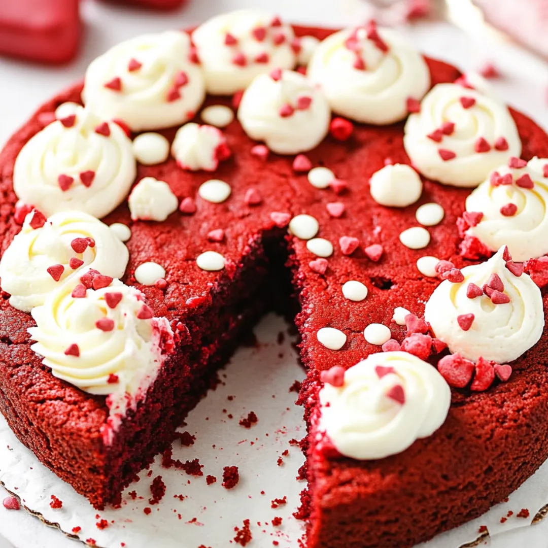 A piece of red velvet cake with white frosting and red hearts on top.