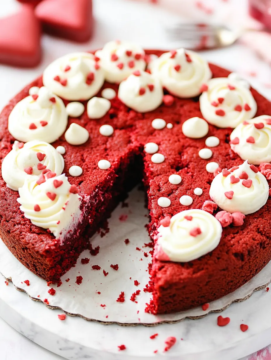 A slice of red velvet cake with white frosting and red hearts.