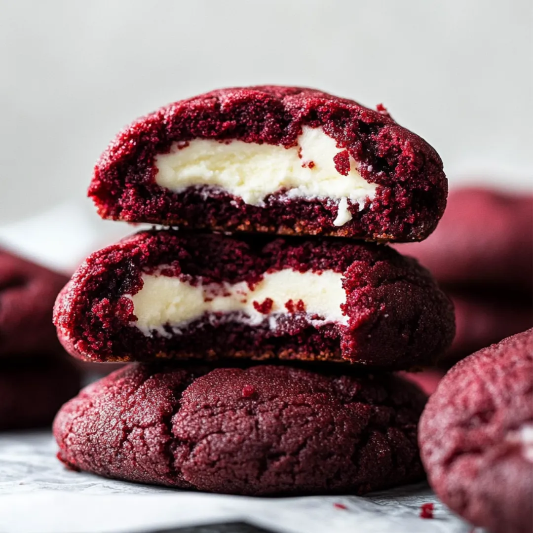 Red velvet cookies with white cream filling stacked on a table.