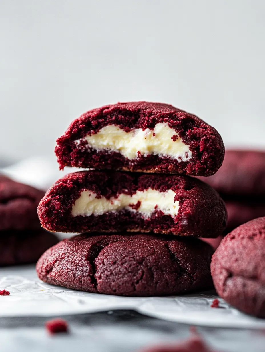 A stack of red velvet cupcakes with white frosting.