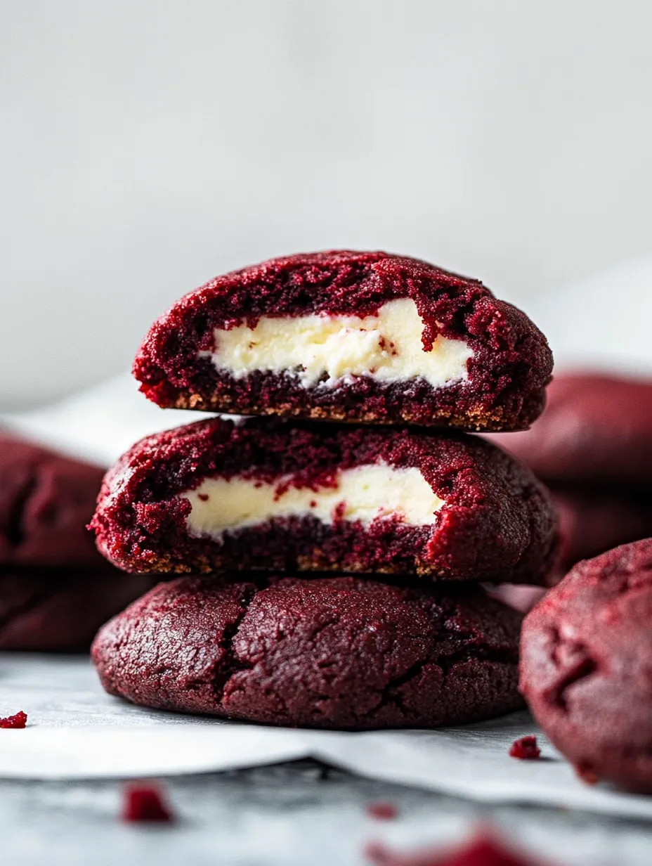 A stack of red velvet cookies with white cream filling.