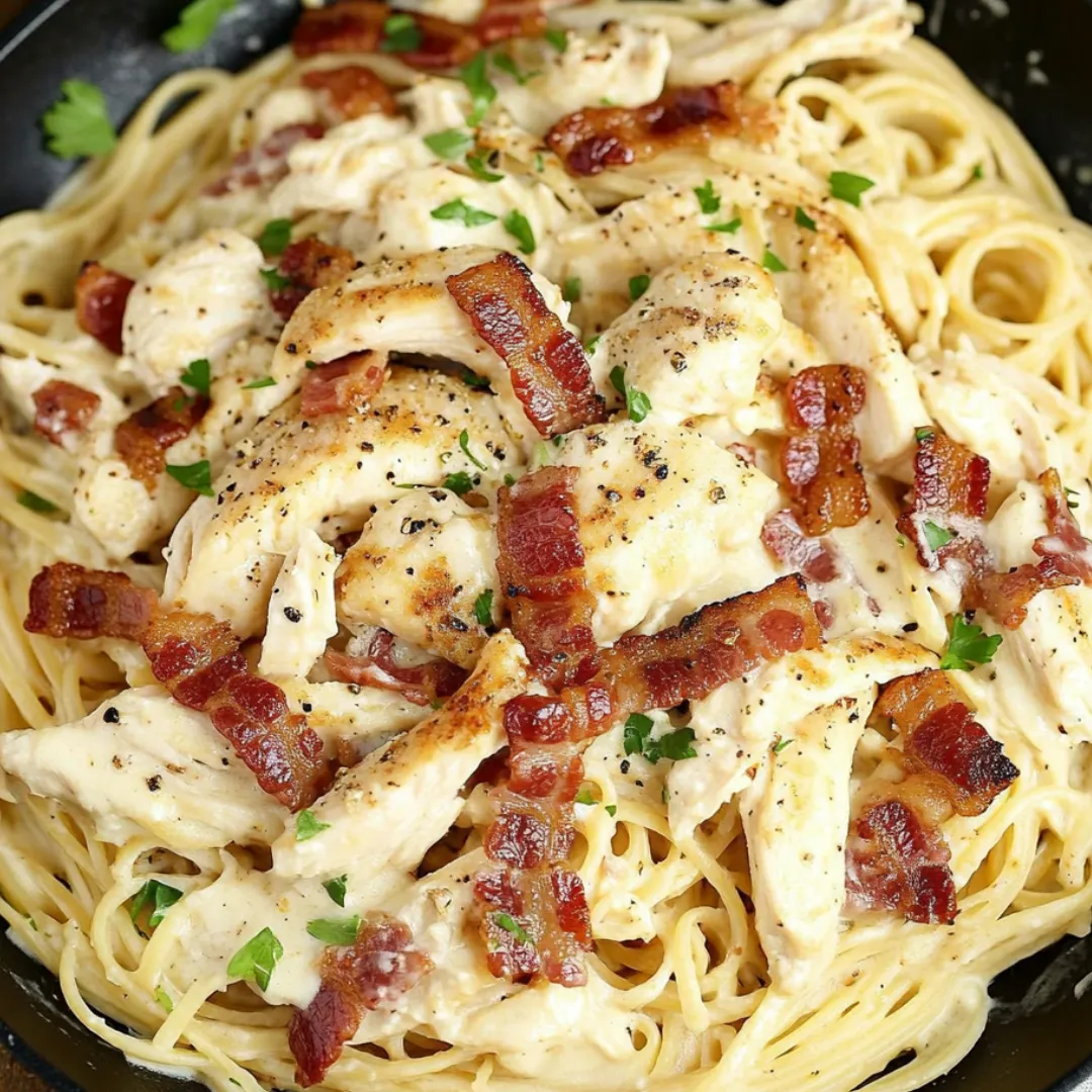 A bowl of spaghetti with chicken and bacon on top.