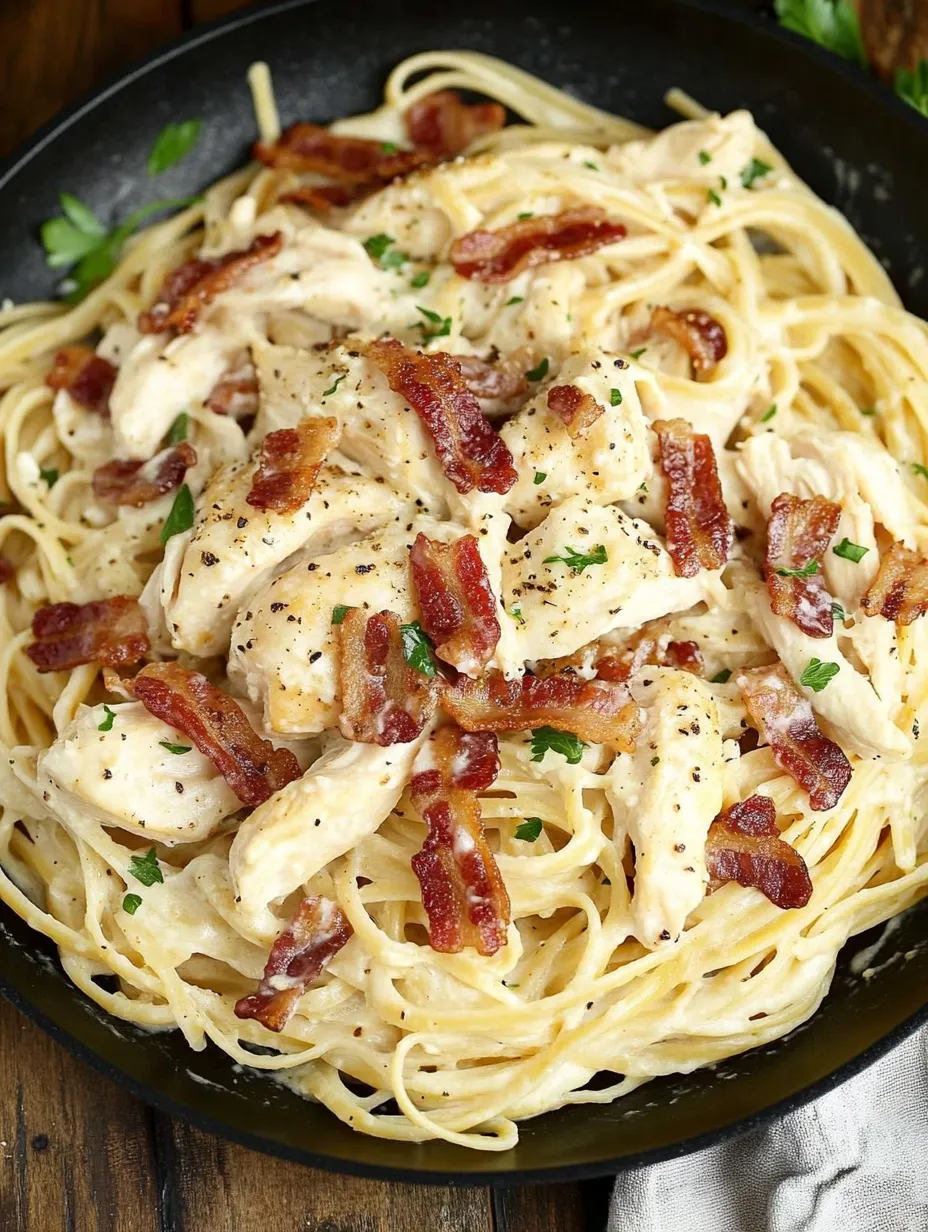 A bowl of pasta with chicken and bacon on top.