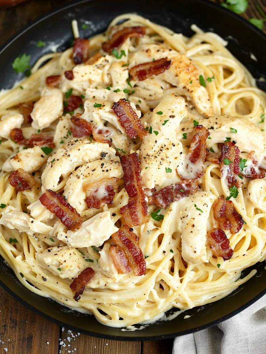 A bowl of spaghetti with chicken and bacon on top.