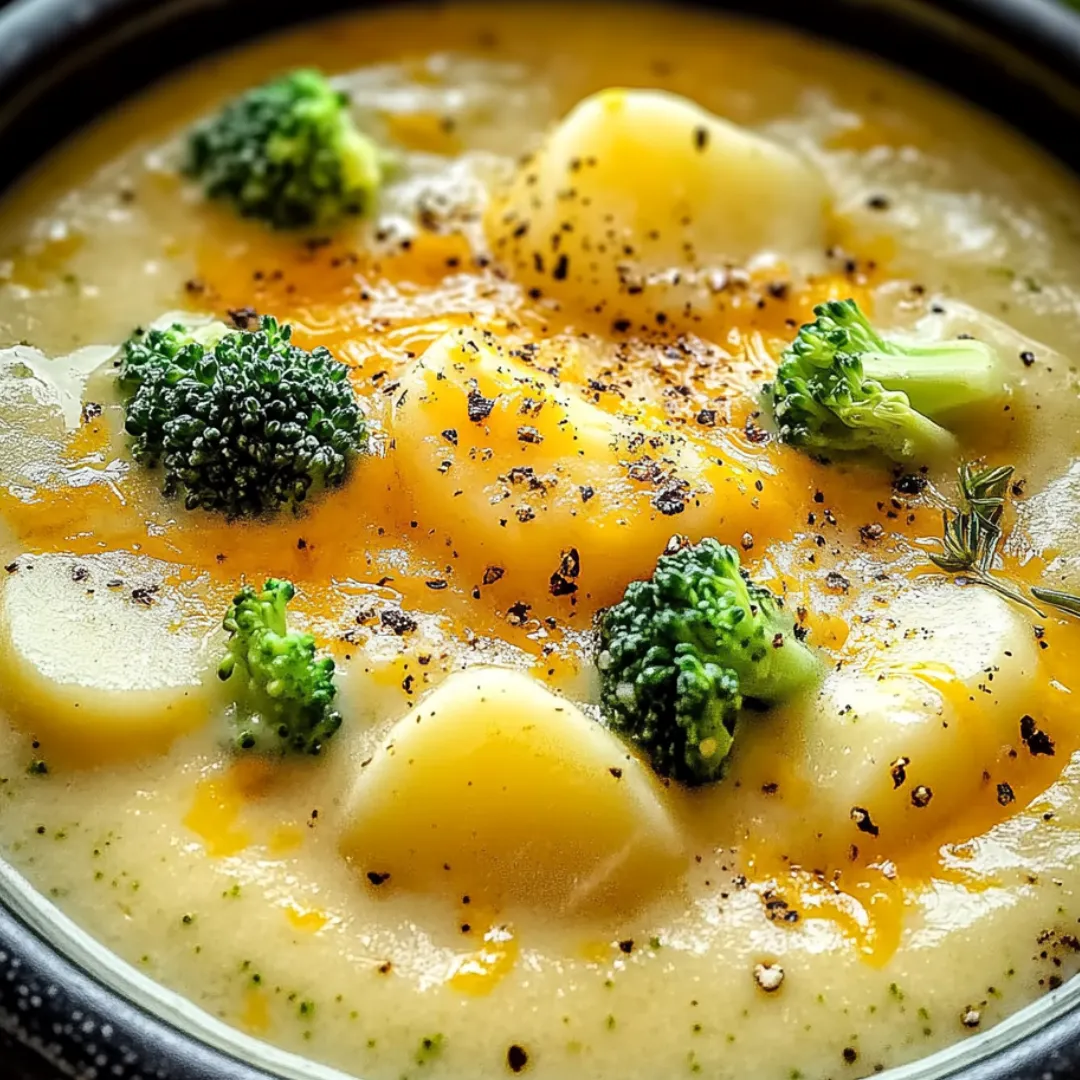 A bowl of soup with broccoli and potatoes.