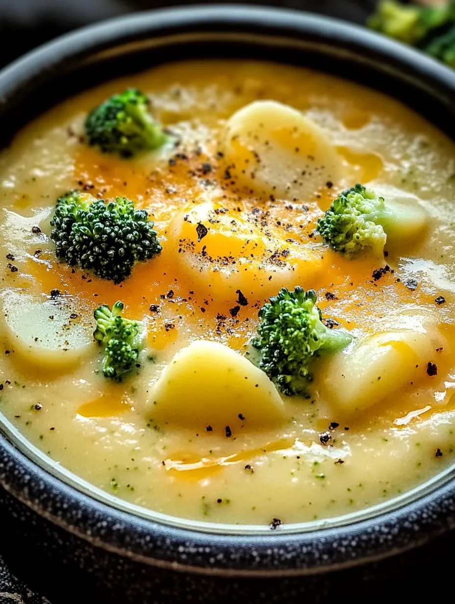 A bowl of soup with broccoli and potatoes.