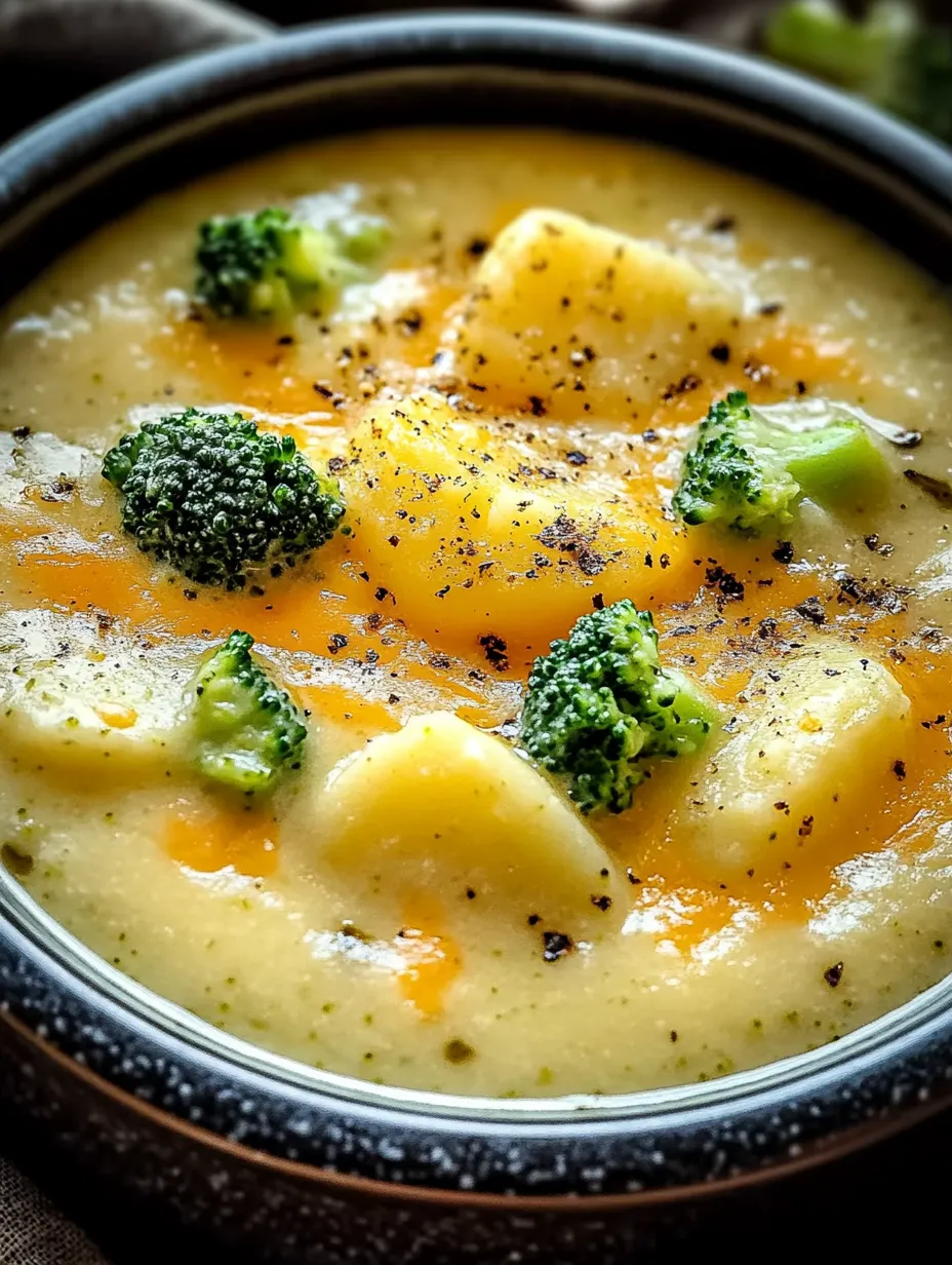 A bowl of soup with broccoli and potatoes.