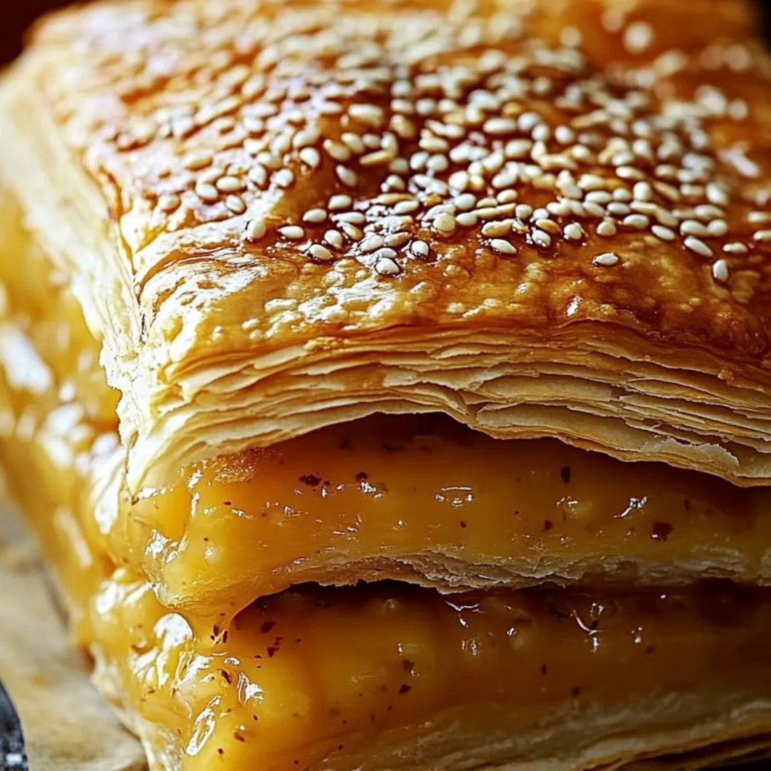 A stack of three pastry items with a yellow filling.