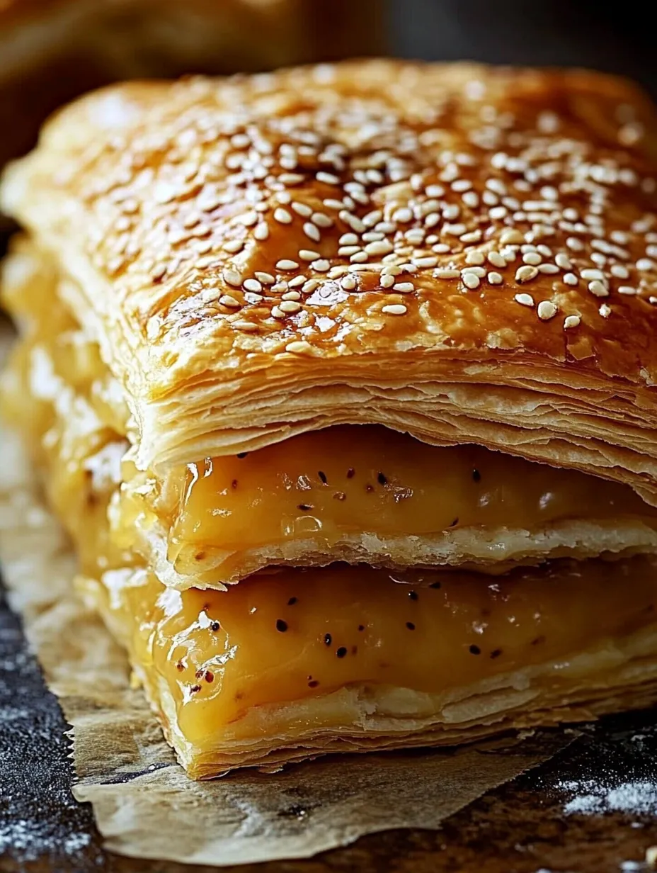 A stack of pastry with a yellow filling.