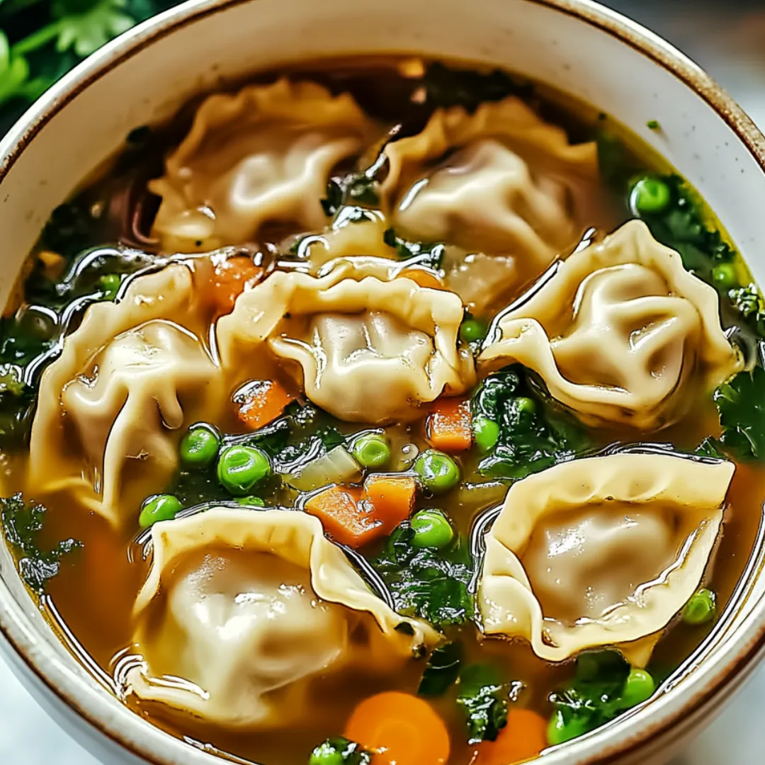 A bowl of soup with dumplings and vegetables.