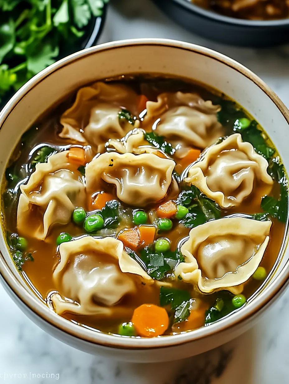 A bowl of soup with dumplings and peas.